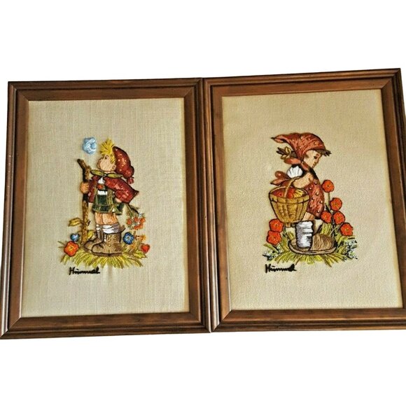 Hummel Vintage Crewel Embroidery Wall Art Framed 10x14 Lot of 2 Finished - Picture 1 of 12